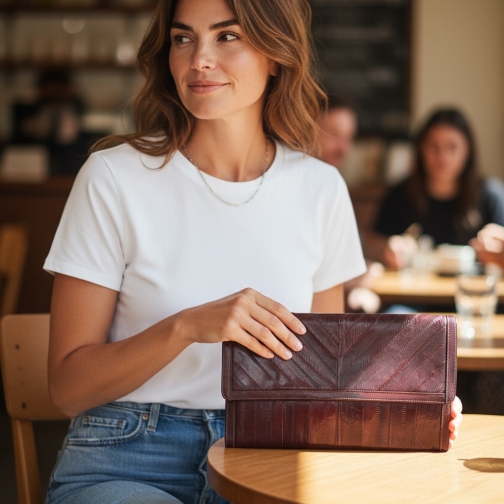 Vtg Sunco Genuine Eel Skin Clutch Burgundy Fold Over Purse Chevron 70s Korea